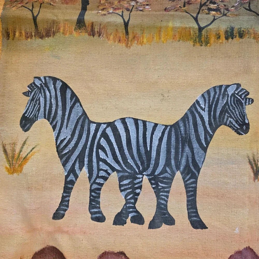 Hand Painted African Wall Hanging or Textile Safari Zebra Elephant Sunrise 36x60